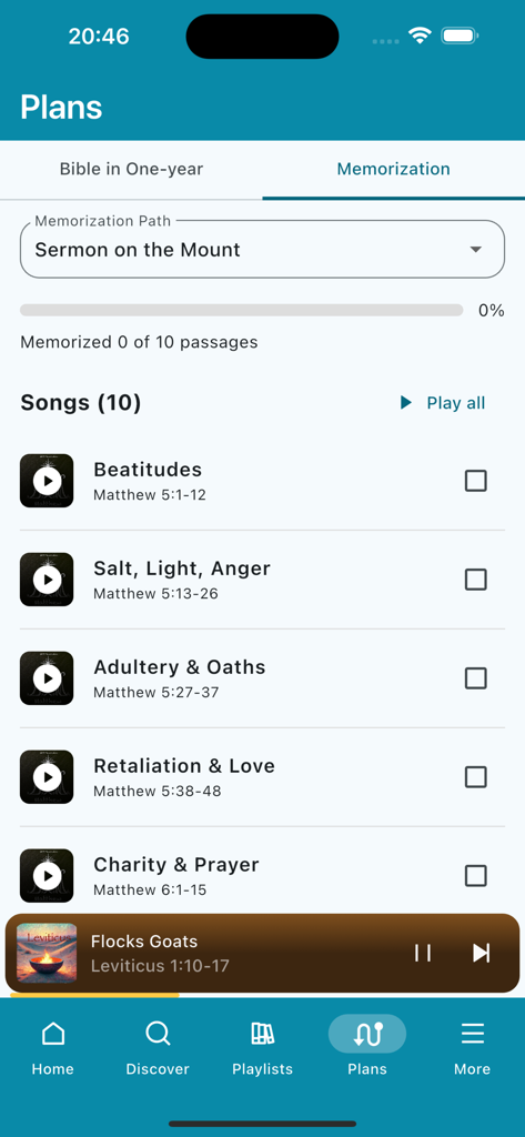 Music Bible: Scripture Songs - A screenshot of the Music Bible app showing a scripture memorization plan for the Sermon on the Mount.