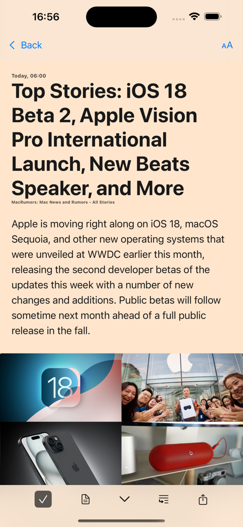 Feed Fluent RSS reader app interface showing a tech news article about Apple updates in a minimalist reader mode