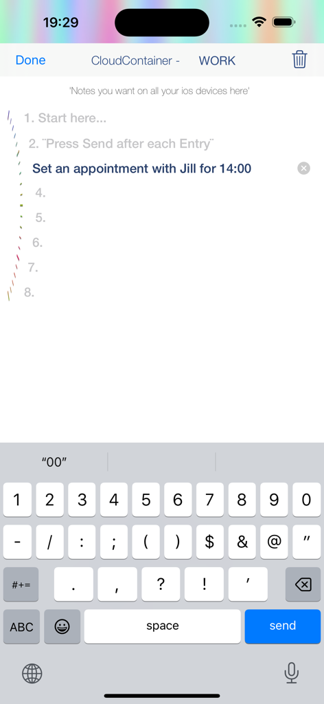 QuickStar - Interface of the QuickStar app on iPhone showing a user adding a work appointment for 1400 hours with the keyboard active.