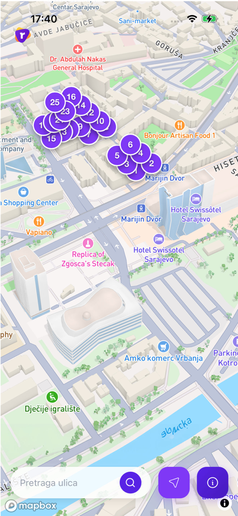 Rutmap Sarajevo - Interfaz de la aplicación Rutmap Sarajevo que muestra un mapa detallado de la ciudad con marcadores morados numerados para direcciones de casas.