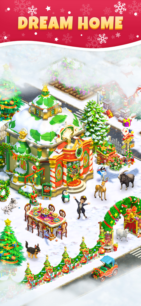 Sarah's Adventure: Time Travel - Una escena festiva de invierno en Sarahs Adventure con una casa decorada cubierta de nieve y un área de comedor al aire libre navideña.