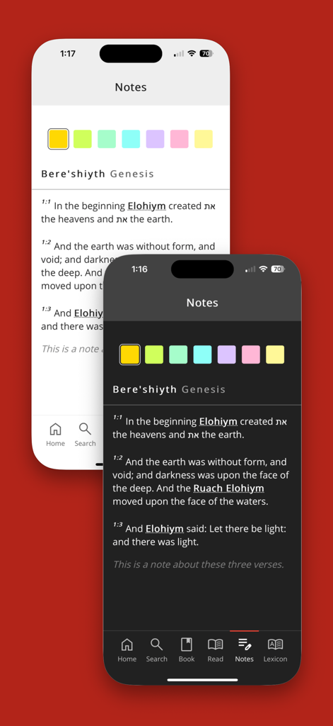 Cepher - Cepher app note taking and highlighting features shown in light and dark modes