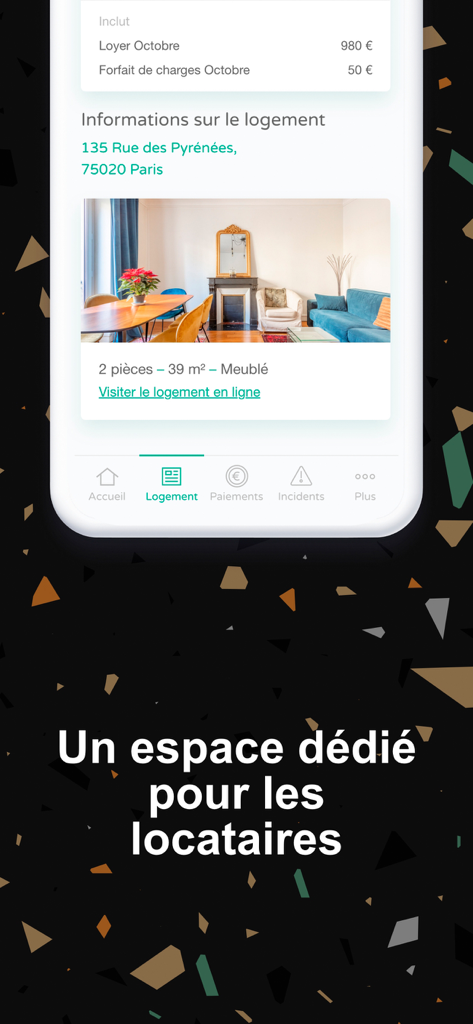 Interface de l'application Manda pour les locataires montrant les détails de la propriété, le loyer mensuel et les informations sur le logement