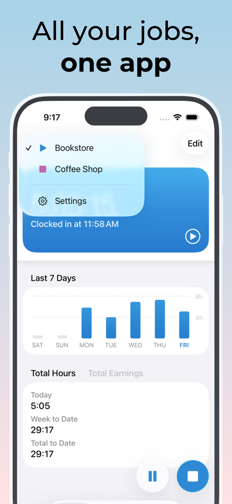 Flexishift app dashboard showing work hours for multiple jobs with a weekly bar chart and time logs