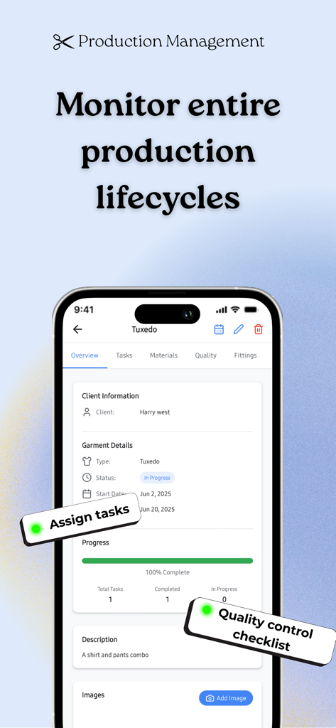 Seam: Tailor App - Production management interface of the Seam app showing order status and task tracking for a tuxedo garment