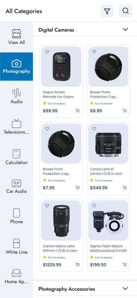 Interfaz de la aplicación E Vision que muestra una lista de productos de fotografía, incluyendo lentes y accesorios de cámara con precios y valoraciones.