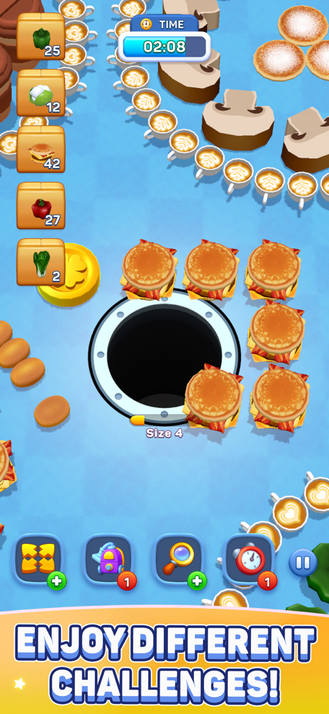 Hole Eats All - A black hole swallowing food items in the Hole Eats All mobile game with a timer and objectives