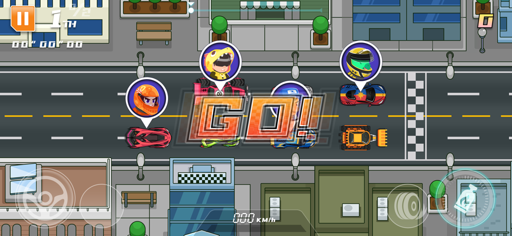 Racing Car Games for Kids - Top down view of colorful cars and character drivers at the starting line with a large GO sign