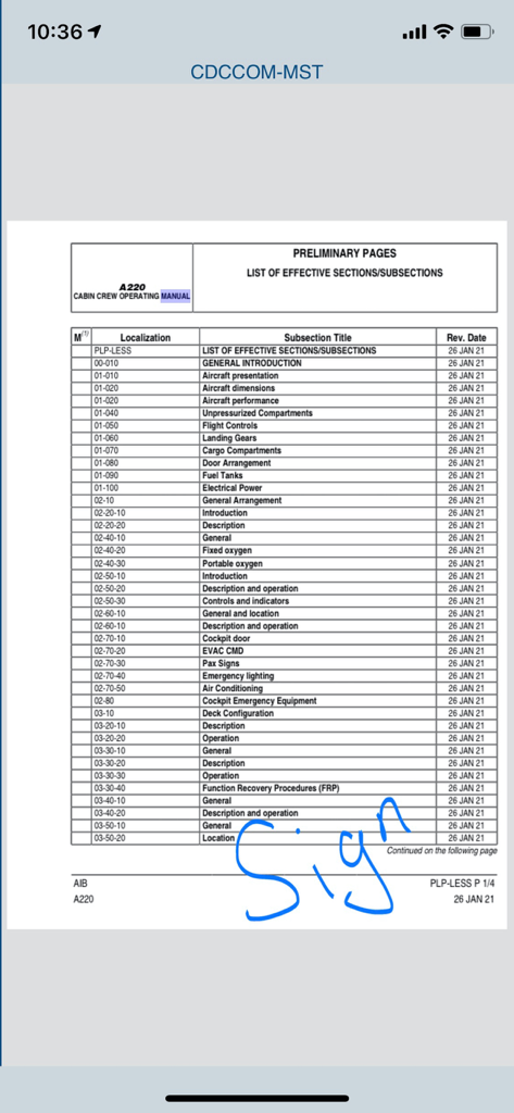 Airbus A220 cabin crew operating manual page with a digital signature overlay