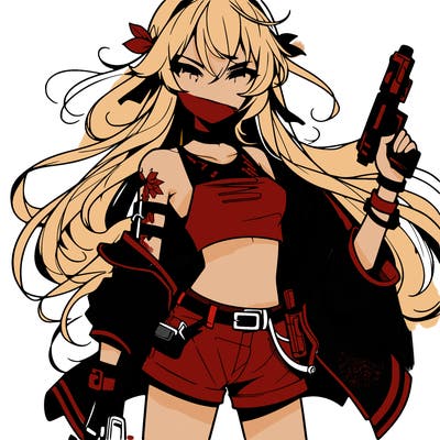 bad girl wearing crop top holding a gun long hair anime