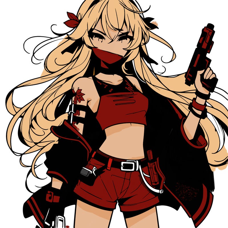 bad girl wearing crop top holding a gun long hair anime