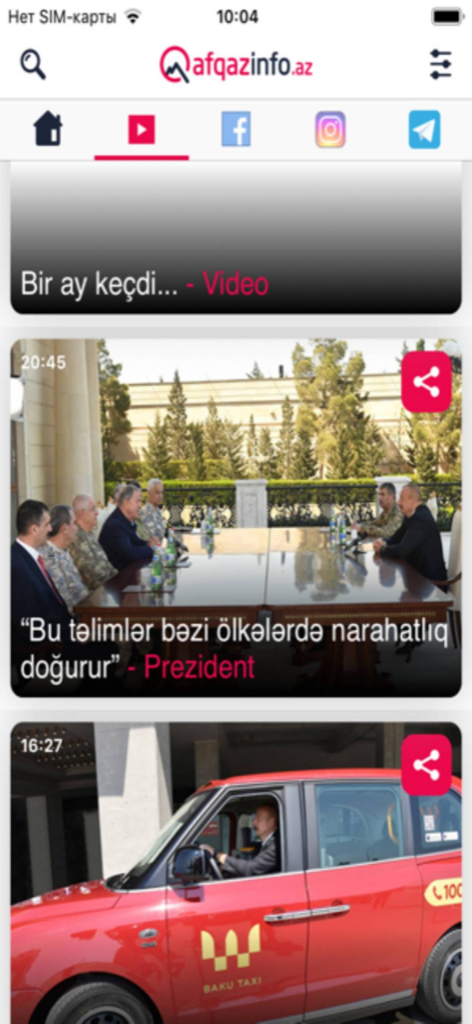 Qafqazinfo.az - Qafqazinfo mobile app news feed featuring Azerbaijani local news and social media links