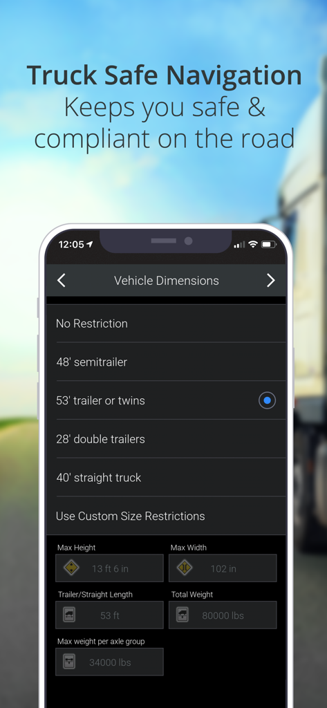 CoPilot GPS Navigation - App CoPilot GPS che mostra le impostazioni delle dimensioni del veicolo per una navigazione sicura per camion
