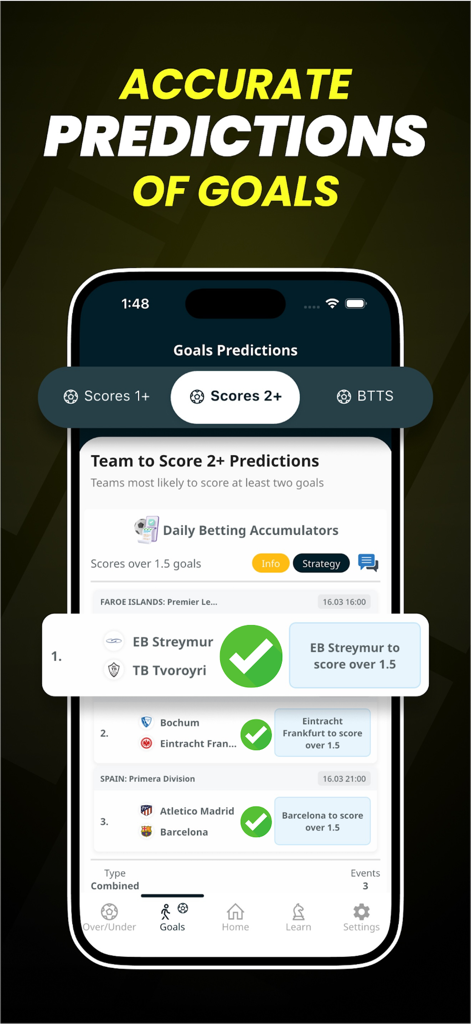 Daily Football Betting Tips - Soccer goal predictions for various leagues in the betting tips app