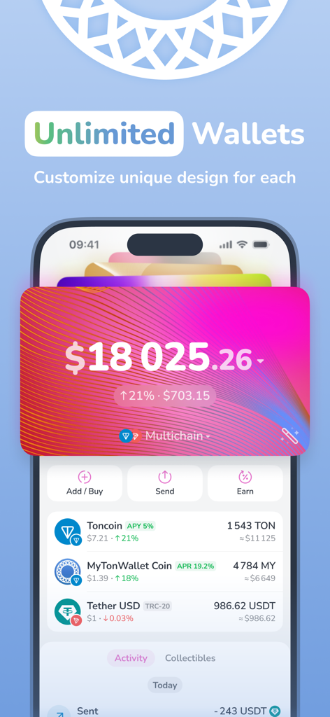 MyTonWallet: Anyway TON Wallet - MyTonWallet mobile app screen showing the unlimited wallets feature with custom card designs and asset balances.