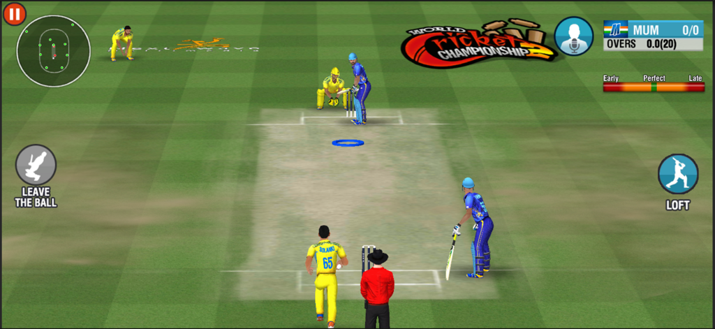 World Cricket Championship 2 gameplay showing a cricket match with a batsman ready to hit the ball