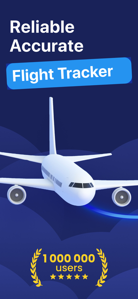 Promotional screen for Flight Tracker and Radar app featuring a large white airplane and one million user milestone with five stars