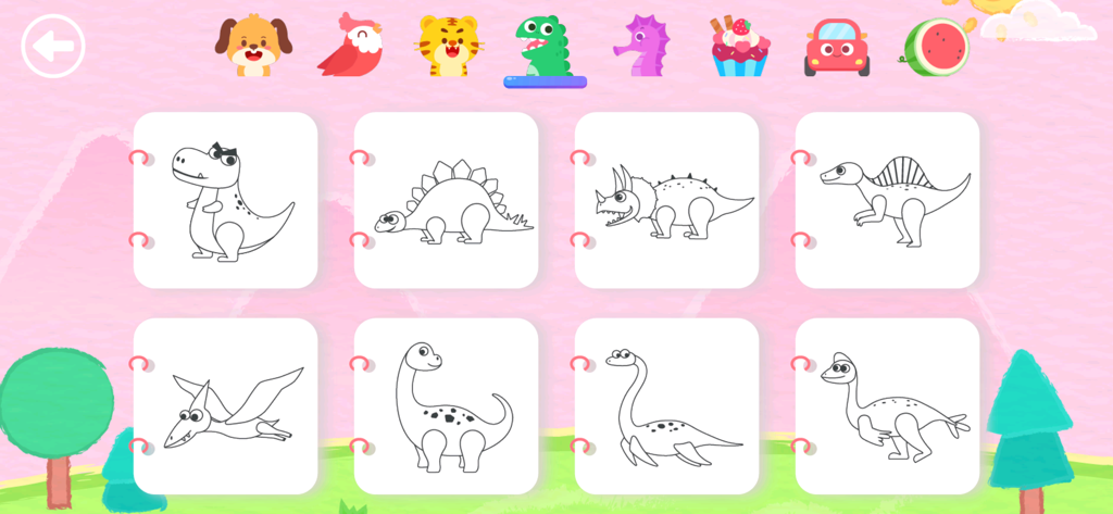 Painting Book - Dinosaur coloring page selection menu in the Painting Book app for kids