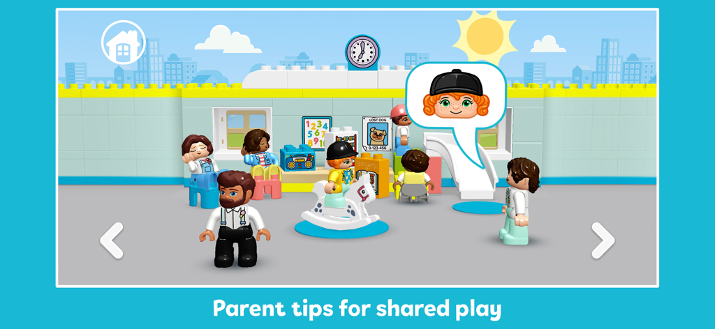 LEGO® DUPLO® World - Personnages LEGO DUPLO dans un décor de salle de classe avec un texte sur les conseils des parents pour le jeu partagé