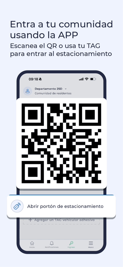 ComunidadFeliz - ComunidadFeliz app interface showing a QR code and button for parking gate access