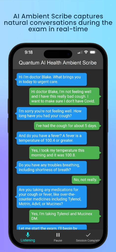 Um smartphone exibindo uma transcrição por IA em tempo real de uma conversa entre um médico e um paciente dentro do aplicativo Quantum Health.
