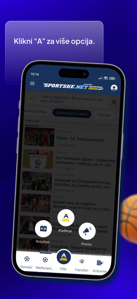 Sportske.net - Sportske.net mobile app interface showing a sports news feed with a circular menu for results and betting