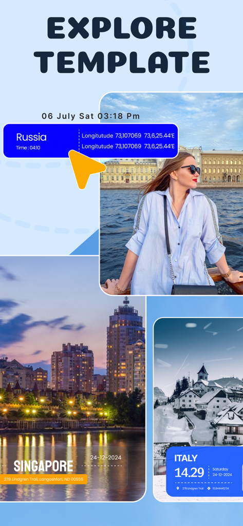 GPS Camera - GPS Video Camera - GPS Cameraアプリのエクスプローラーテンプレートを使用して、位置情報とタイムスタンプのオーバーレイが付いたジオタグ付き写真のショーケース。