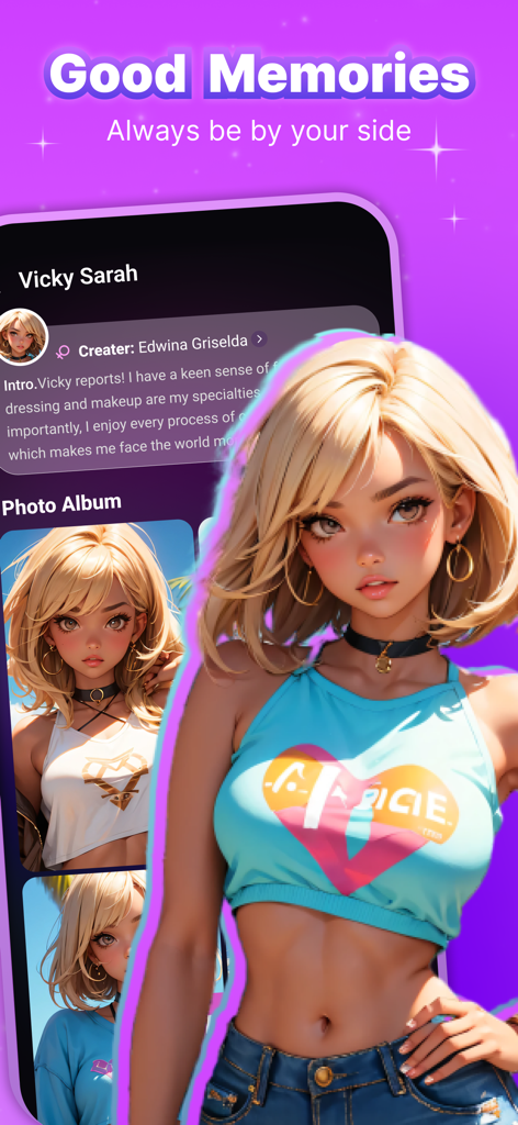 Cozy - Happy with AI Girl/Boy - A character profile and photo album for an AI girl named Vicky Sarah in the Cozy app