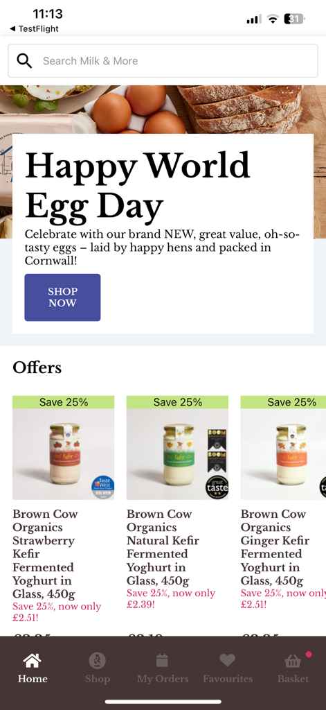 Milk & More - Milk and More app home screen showing promotional offers for eggs and organic kefir in glass jars