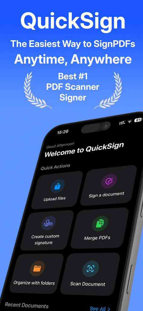 QuickSign: Sign & Scan PDF - Écran d'accueil de l'application mobile QuickSign montrant les outils pour numériser, signer et fusionner des PDF