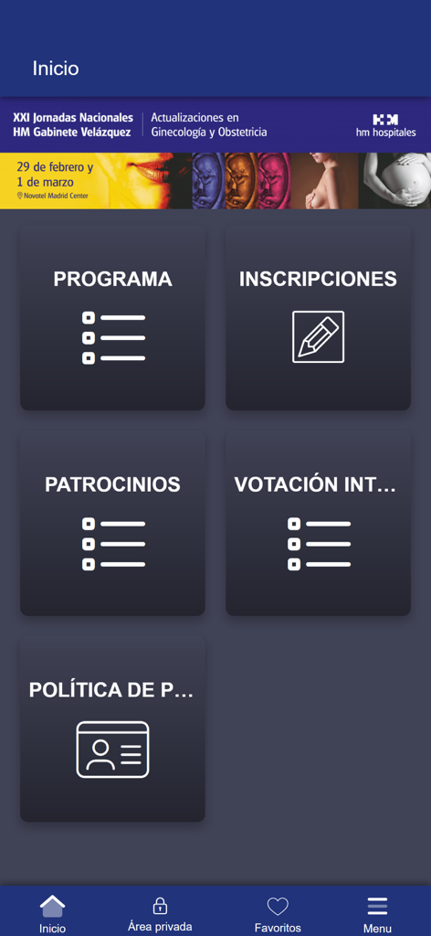 Pantalla de inicio de la aplicación HM Gabinete Velazquez que muestra opciones de menú para el programa del congreso médico, registro y votación interactiva