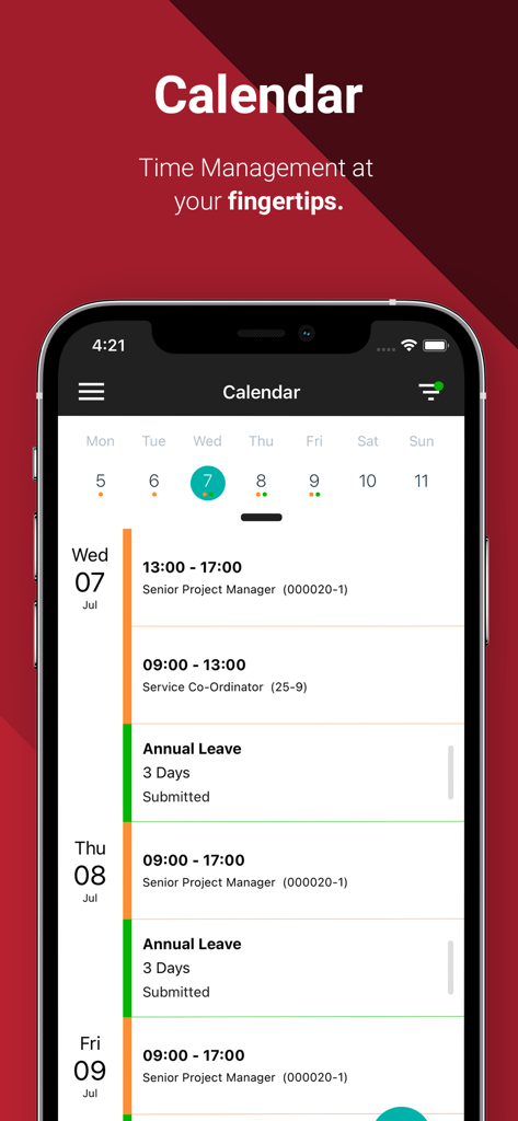 Access PeopleXD mobile Anwendung Kalenderansicht mit Arbeitsschichten und Jahresurlaub