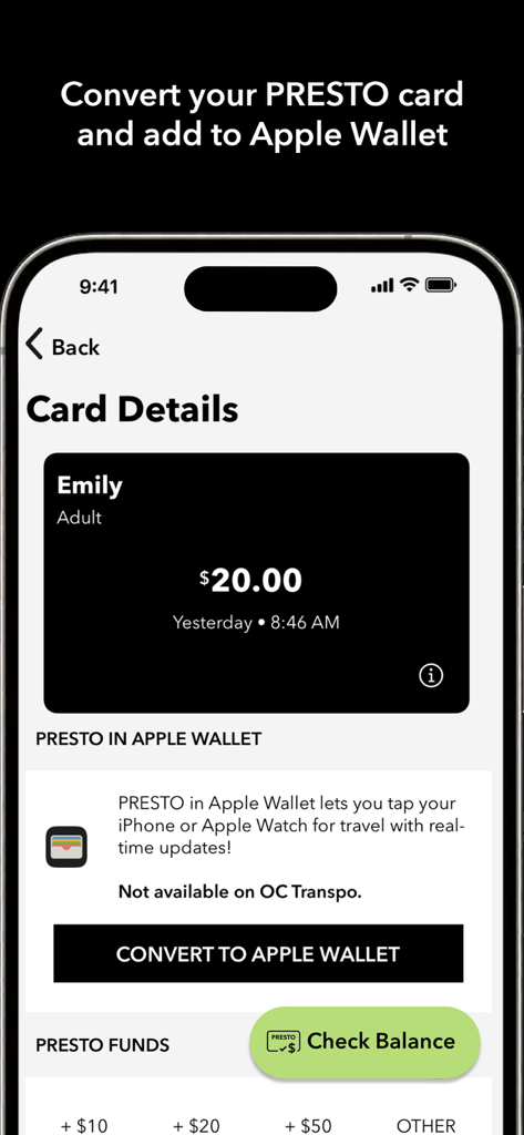 Screenshot of the PRESTO app showing transit card details and the option to convert a physical card to Apple Wallet.