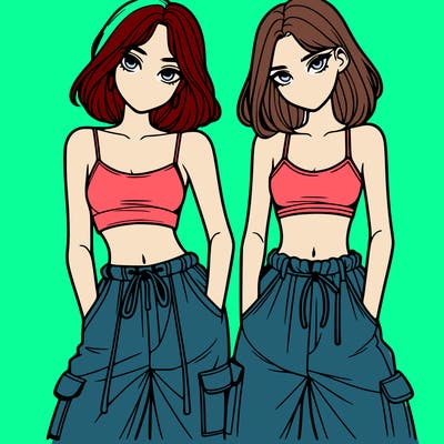 two girls with crop top with baggy pants