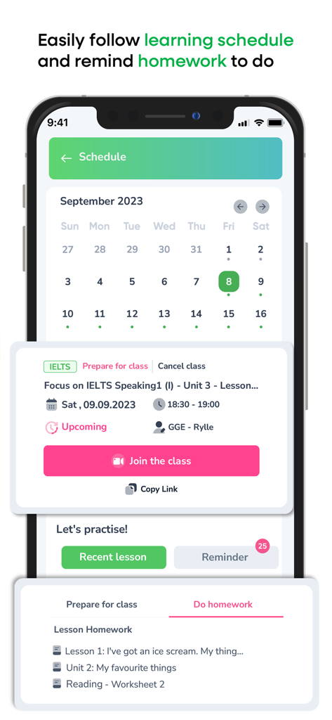 Kyna English - Kyna English app interface showing a monthly learning schedule with a join class button and homework task list