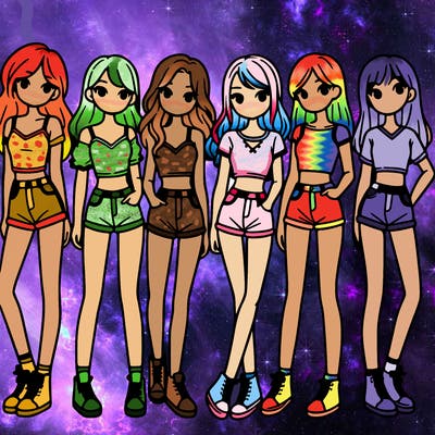 a group of girls wearing crop tops and shorts