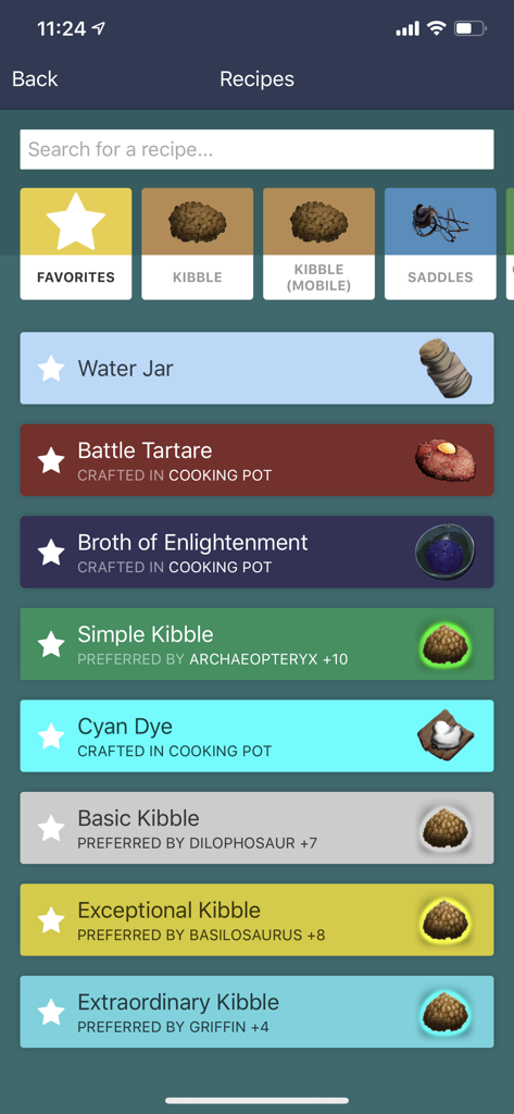 Screenshot of the Recipes section in the Dododex app showing crafting guides for kibble and dyes