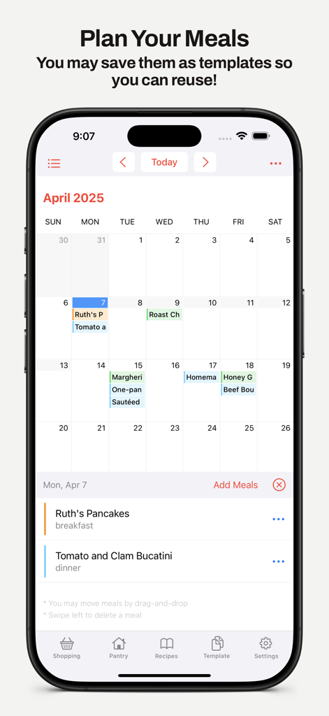 MealBoard - Meal Planner - MealBoard app interface showing a monthly meal planning calendar with scheduled breakfast and dinner recipes