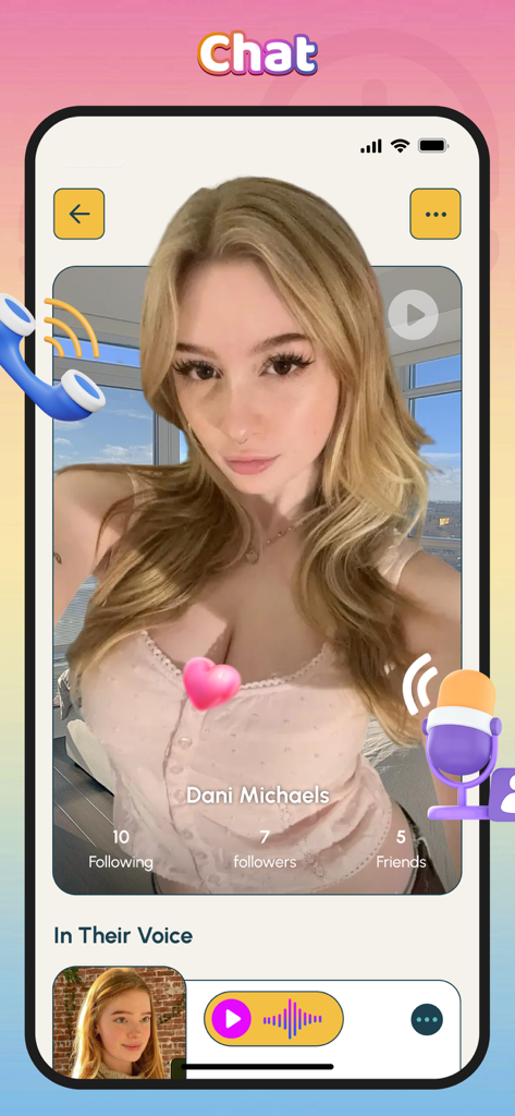 Joliy - Adult & Online Chat - User profile screen of the Joliy app showing a profile picture and audio interaction features