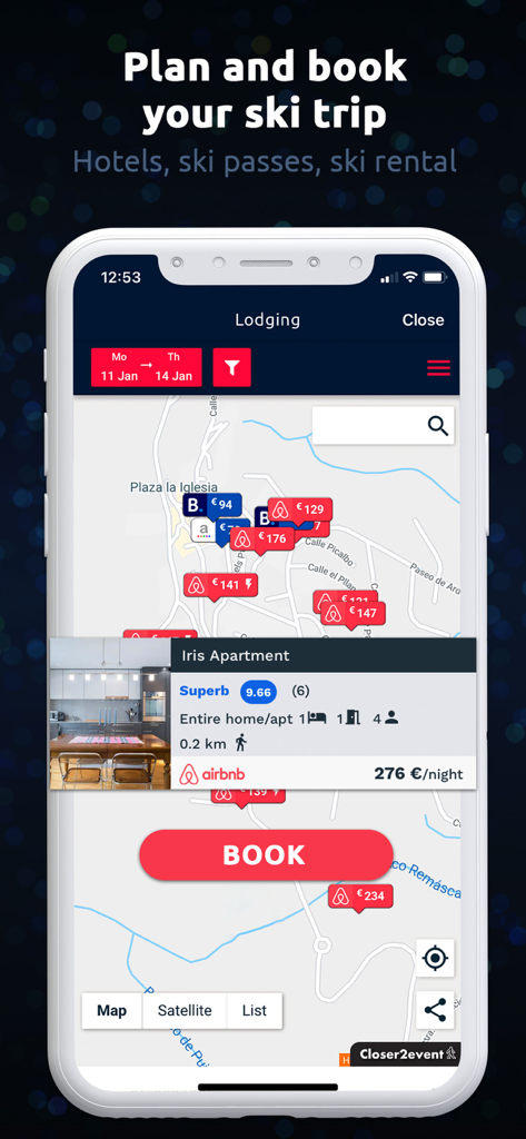 Skitude App-Oberfläche zur Planung und Buchung von Skiurlaubsunterkünften auf einer Karte