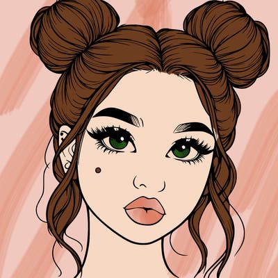 realistic girl with two buns on her hair and lips