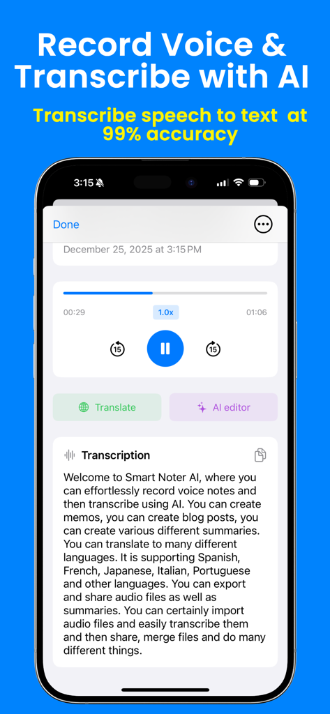 Smart Noter AI: Voice Notes - Smart Noter AI app screen showing a voice recording with its accurate speech to text transcription.