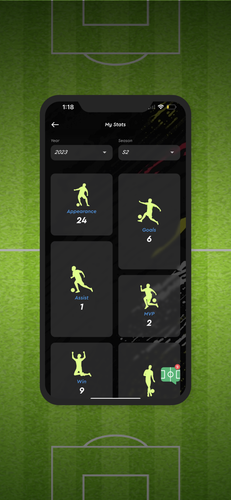 Whistle - Your sports tracker - Schermata Le mie statistiche dell'app Whistle che visualizza metriche sulle prestazioni del giocatore, tra cui presenze, gol, assist e vittorie.