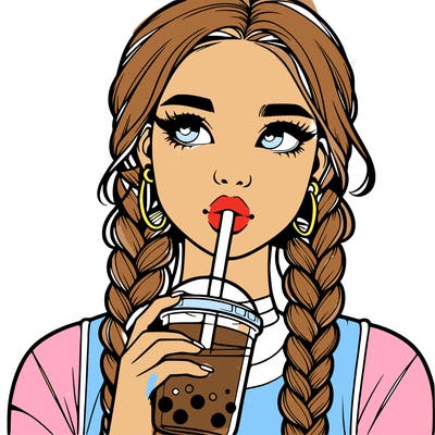 realistic girl with braided hair drinking boba