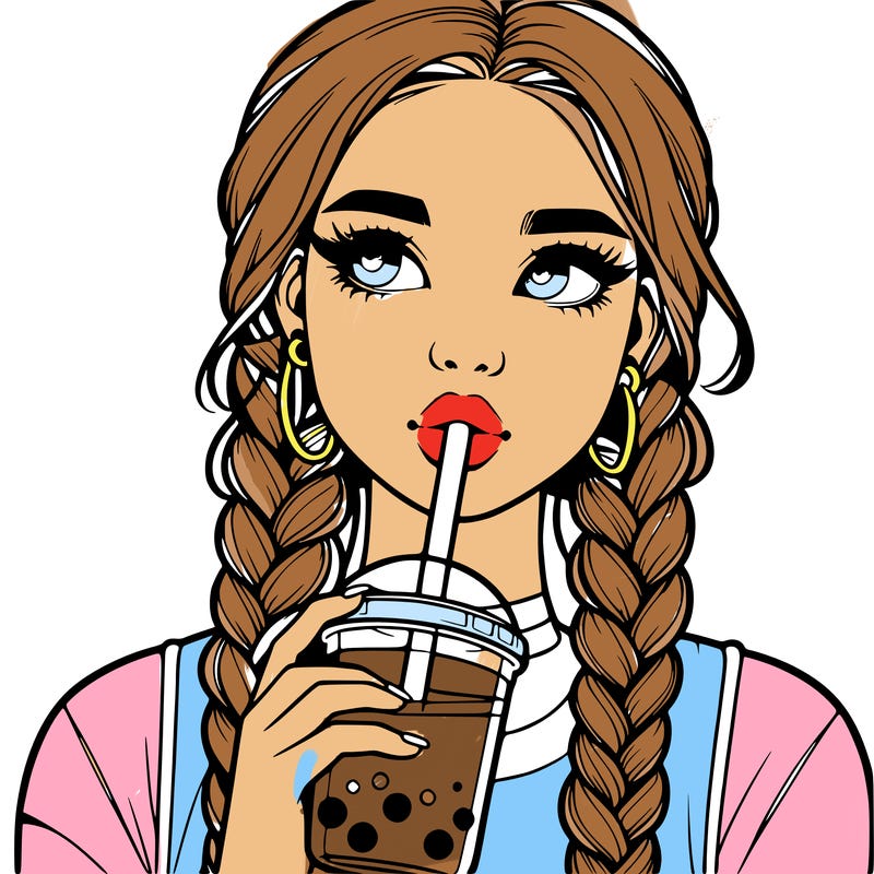 realistic girl with braided hair drinking boba