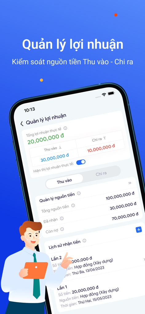 Interfaccia dell'app mobile per il tracciamento delle entrate e delle spese di profitto aziendale nell'app foglio presenze AtWork