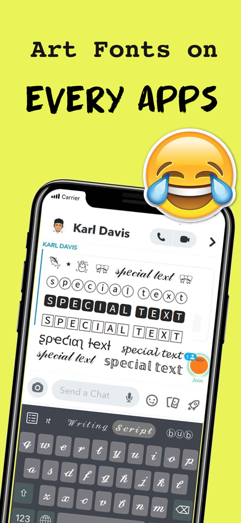 Font Keyboard - Fonts Chat - Una pantalla de smartphone que muestra varias fuentes artísticas y símbolos dentro de una interfaz de chat de redes sociales usando la aplicación Font Keyboard.