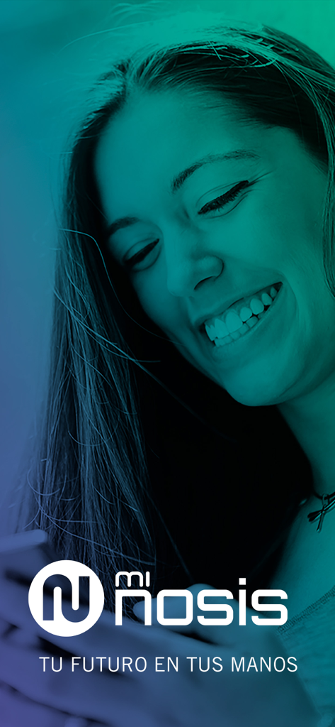 A smiling woman looking at her smartphone with the Mi Nosis app logo
