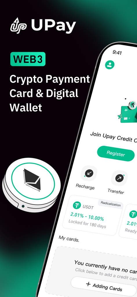 UPay Wallet mobile app interface showcasing Web3 crypto payment card and digital wallet features