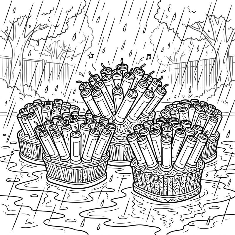 Dive into a unique coloring experience with our Firework Cakes in a Rainy Day setting. This intricate design features multiple firework bundles surrounded by falling raindrops and shimmering puddles, perfect for a cozy creative session.